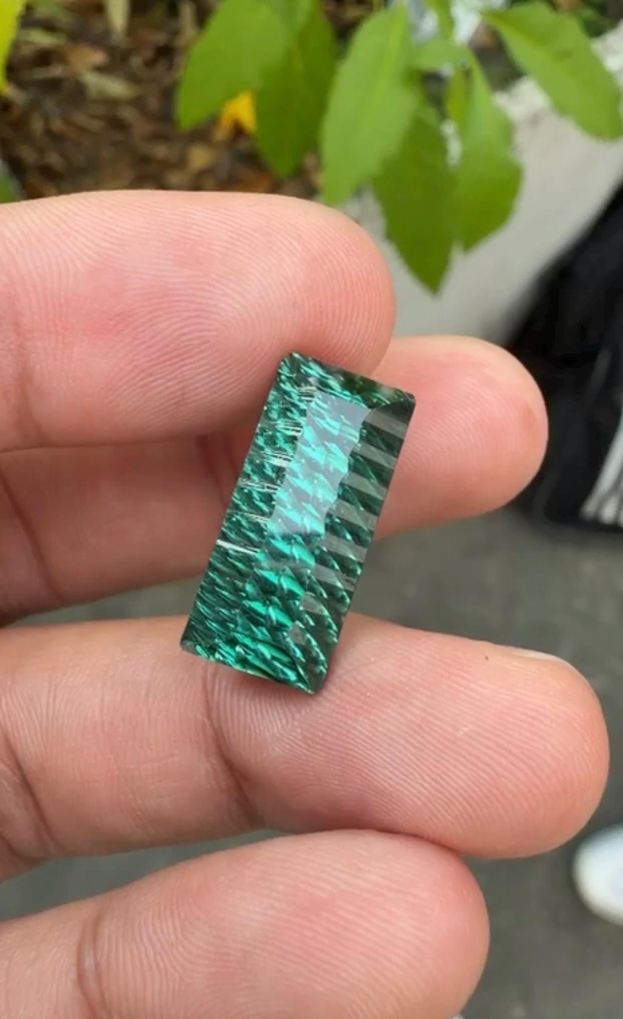 12.86 Carat Fancy Long Emerald Cut Green Tourmaline Gemstone, Waves Pattern Cut - 7