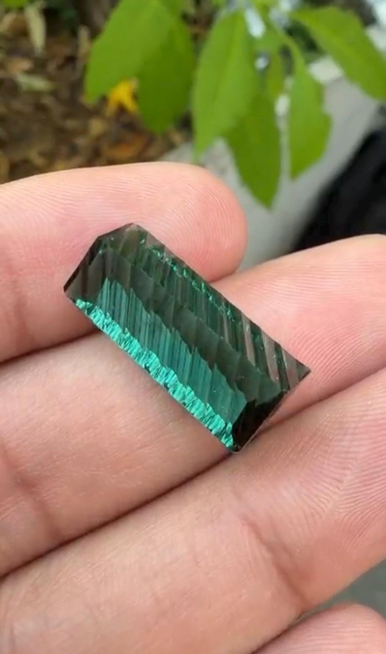 12.86 Carat Fancy Long Emerald Cut Green Tourmaline Gemstone, Waves Pattern Cut - 8