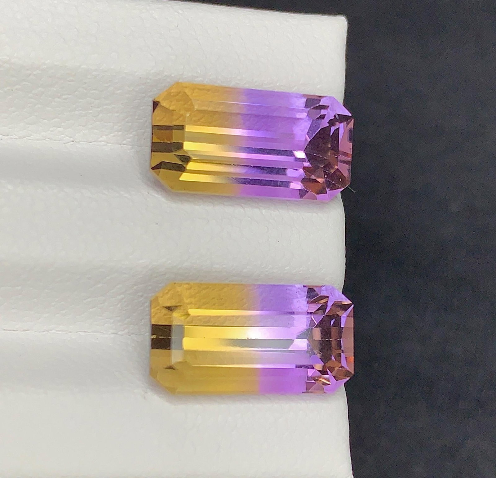Emerald Cut Bolivian Ametrine Gemstone Pair: 11.30 CT, Royal Purple/Mango Yellow - 3