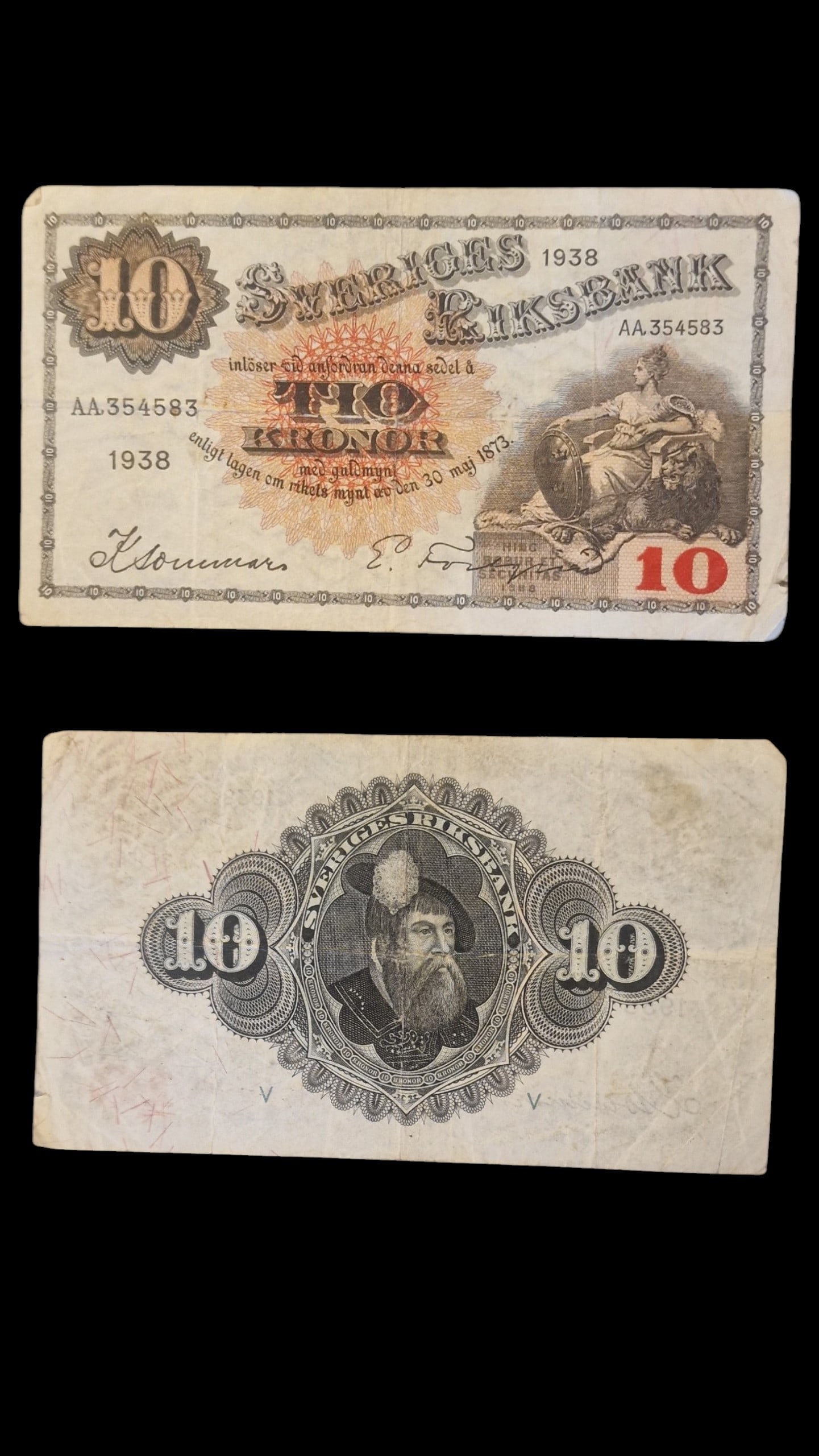 Sveriges Riksbank 10 Kronor, 1938: Title: Sveriges Riksbank 10 Kronor, 1938 Description: Sweden – Sveriges Riksbank****10 Kronor, 1938**Serial No. AA 354583An original mid-20th century Swedish banknote issued by Sveriges