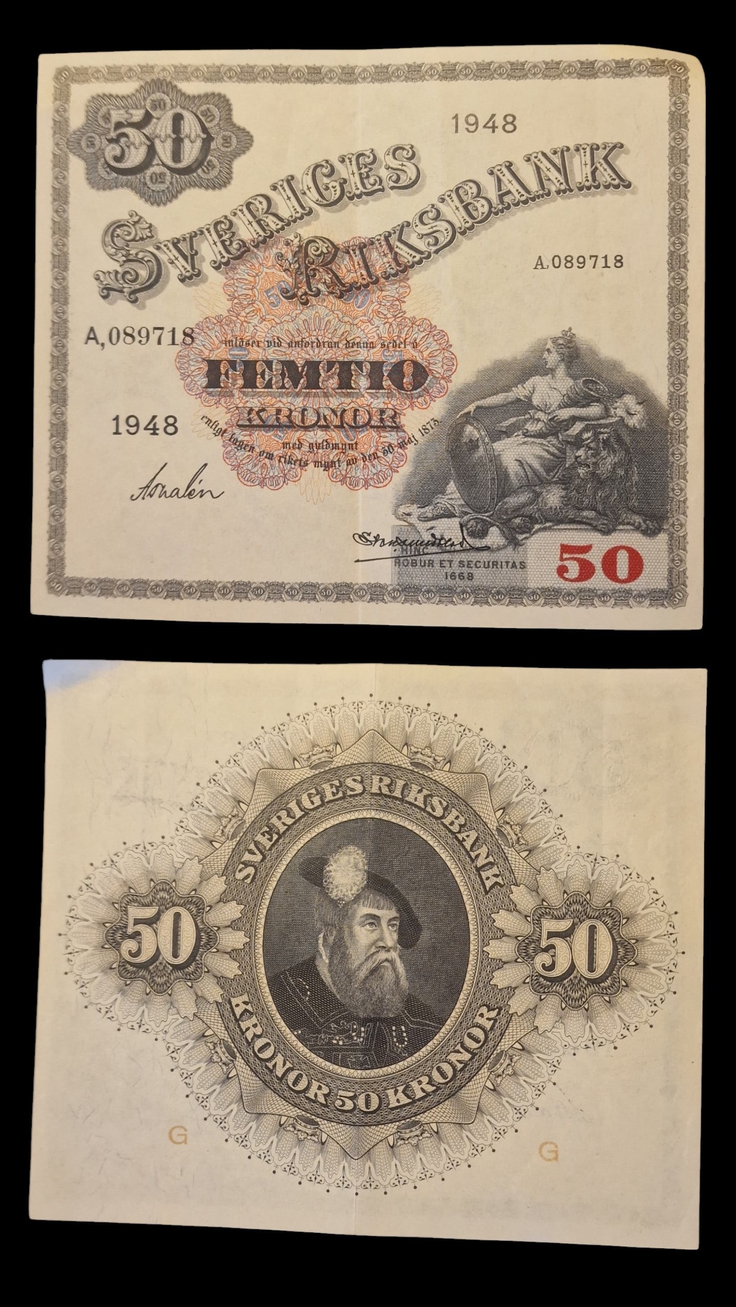 Sweden – Sveriges Riksbank 50 Kronor, 1948: Title: Sweden – Sveriges Riksbank 50 Kronor, 1948 Description: Sweden – Sveriges Riksbank 50 Kronor, 1948. Serial No. A 089718. A classic post-war Swedish banknote featuring refined engrav
