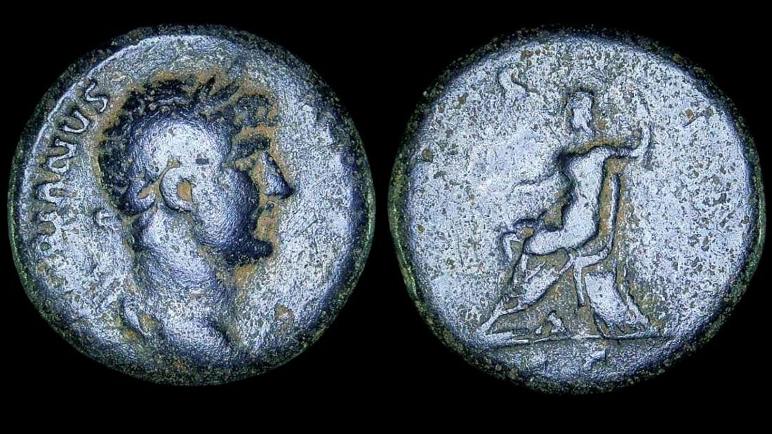 Hadrian AE Semis, Salus Reverse, Roman Empire,: Title: Hadrian AE Semis, Salus Reverse, Roman Empire, Description: .Obverse: Laureate head of Hadrian right, imperial legend around. Reverse: Salus seated left, feeding a serpent rising from an