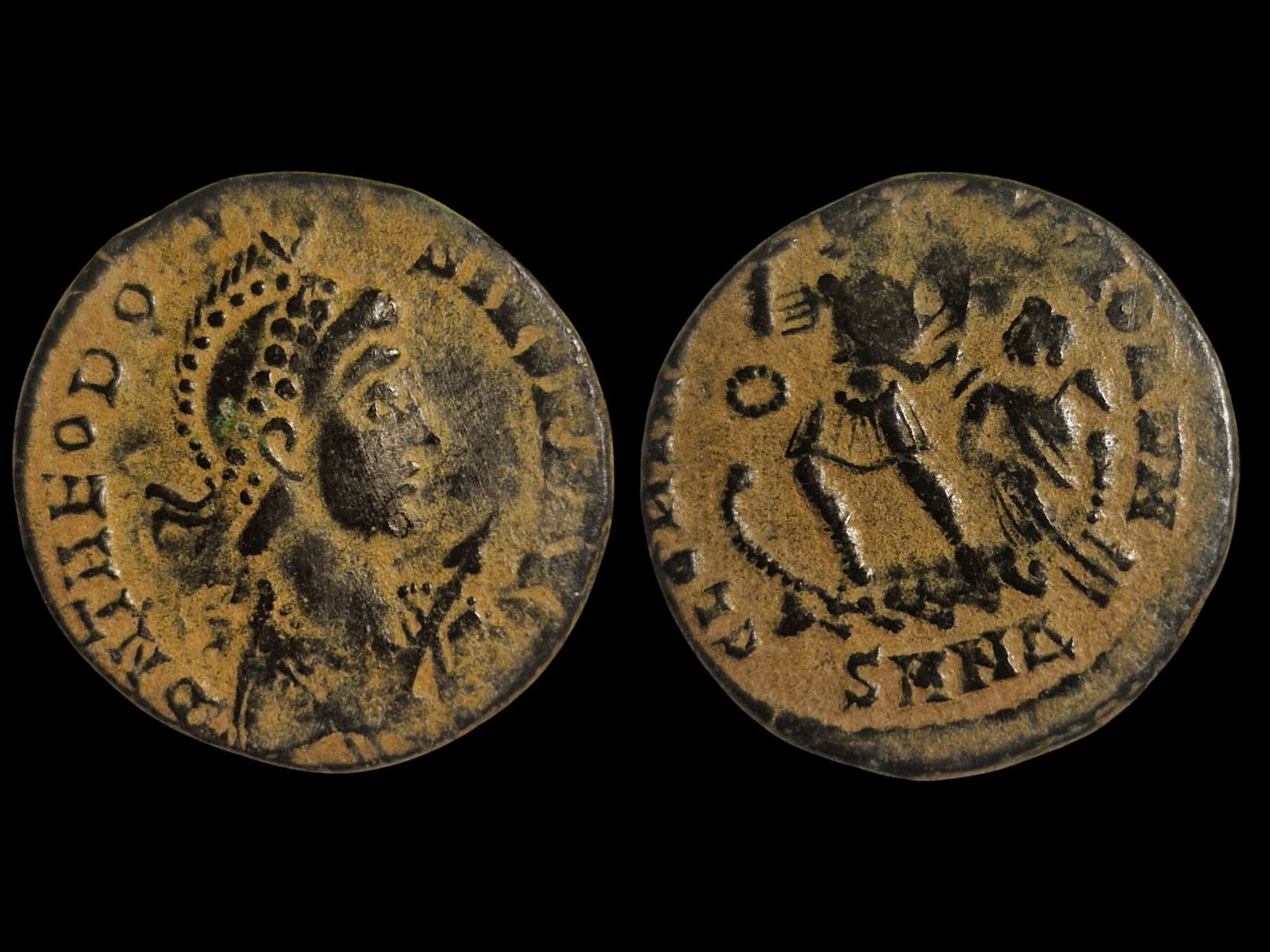 Theodosius I AE3 Nummus, CONCORDIA AVGGG Reverse, Roman Empire,: Title: Theodosius I AE3 Nummus, CONCORDIA AVGGG Reverse, Roman Empire, Description: Roman Empire. Theodosius I, AD 379–395. AE3 Nummus/Follis. Ca. 19–20 mm. Obverse: Pearl-diademed, draped