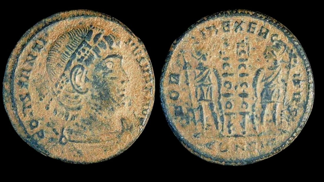 Constantine I the Great AE3 Nummus, GLORIA EXERCITVS Two Soldiers Reverse, Roman Empire: Title: Constantine I the Great AE3 Nummus, GLORIA EXERCITVS Two Soldiers Reverse, Roman Empire Description: Roman Empire. Constantine I the Great, AD 307–337. AE3 Nummus. Ca. 19 mm. Obverse:
