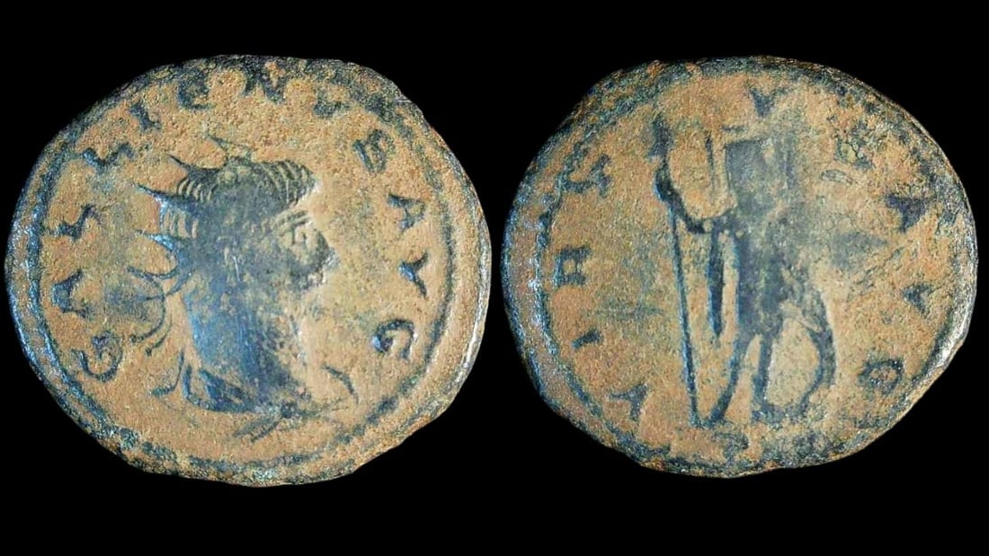 Gallienus AE Antoninianus, PAX AVG Reverse, Roman Empire,: Title: Gallienus AE Antoninianus, PAX AVG Reverse, Roman Empire, Description: Roman Empire. Gallienus, AD 253–268. AE Antoninianus. Ca. 21–22 mm. Obverse: Radiate bust of Gallienus right; 