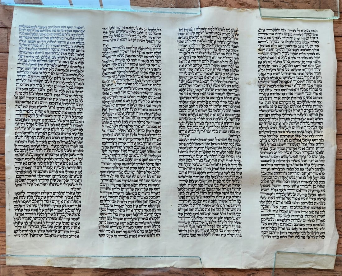 TORAH SCROLL FRAGMENT MANUSCRIPT on VELLUM antique BIBLE GENESIS 44:30-48:5: Title: TORAH SCROLL FRAGMENT MANUSCRIPT on VELLUM antique BIBLE GENESIS 44:30-48:5 Description: Size 23 1/4 x 29" GENESIS 44:30-48:5 -------- JACOB ADOPTS JOSEPH'S TWO SONS AS HIS OWN : Joseph was tol