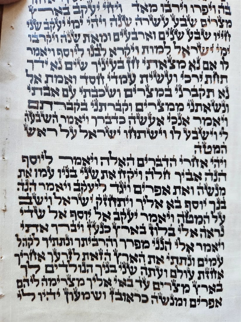 TORAH SCROLL FRAGMENT MANUSCRIPT on VELLUM antique BIBLE GENESIS 44:30-48:5 - 5