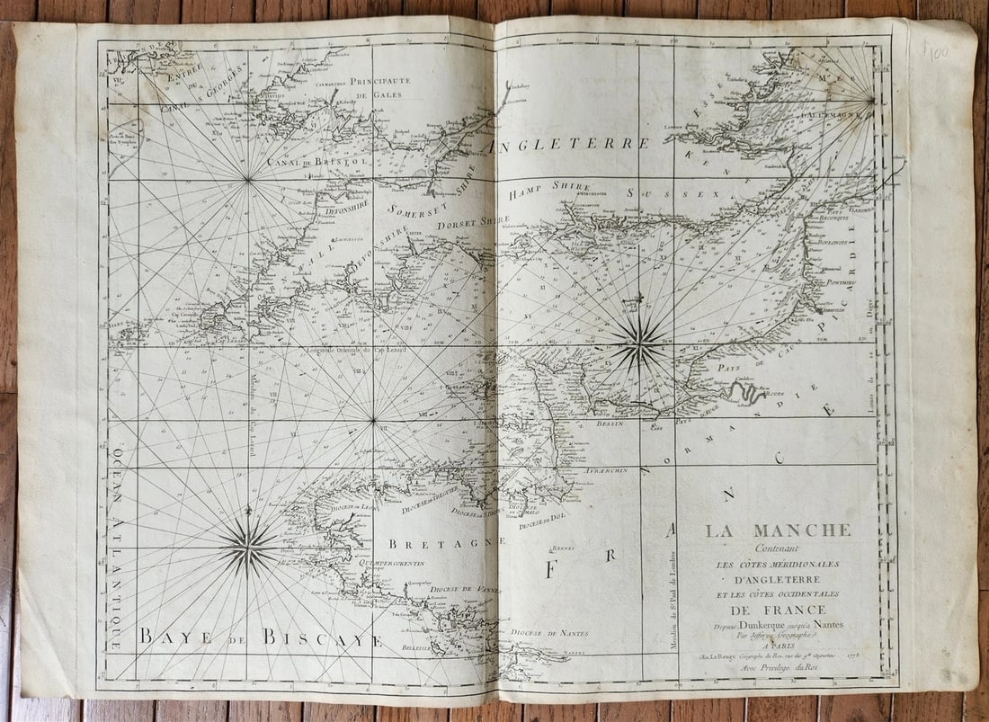 1778 MAP of FRANCE & ENGLAND antique LA MANCHE 20 3/4 by 29 1/2 inches: Title: 1778 MAP of FRANCE & ENGLAND antique LA MANCHE 20 3/4 by 29 1/2 inches Description: LA MANCHE contenant LES COTES MERIDIONALES D'ANGLETERRE et les COTES OCCIDENTALES DE FRANCE Depuis Dunkerque 