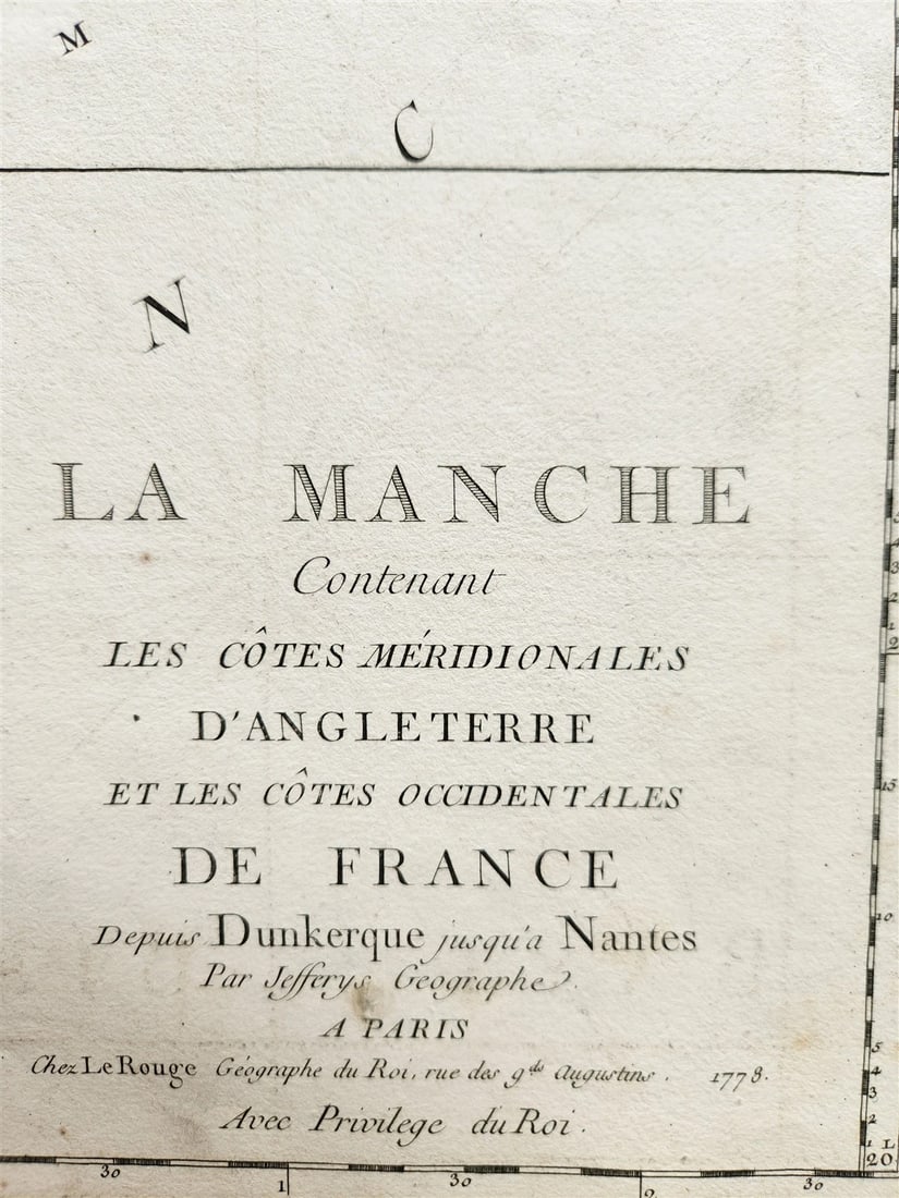 1778 MAP of FRANCE & ENGLAND antique LA MANCHE 20 3/4 by 29 1/2 inches - 3