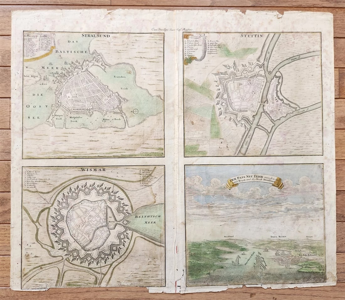 1716 4 parts MAP antique Stralsund - Wismar - Stettin - Stralsund by Homann: Title: 1716 4 parts MAP antique Stralsund - Wismar - Stettin - Stralsund by Homann Description: Stralsund - Wismar - Stettin - Der Pass Neu Fehr zwischen der Insul Rugen und der Stadt Stralsund.