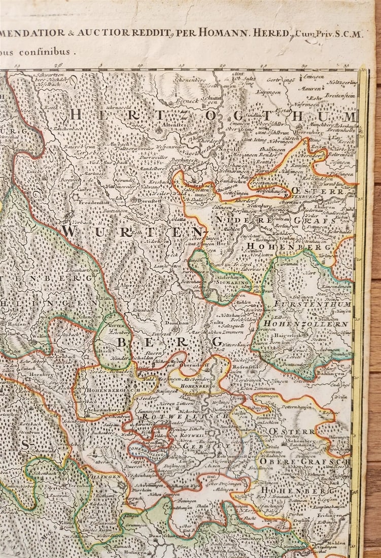 1730s CURSUS RHENI a BASILIAE MAP antique GERMANY SWITZERLAND AUSTRIA - 3