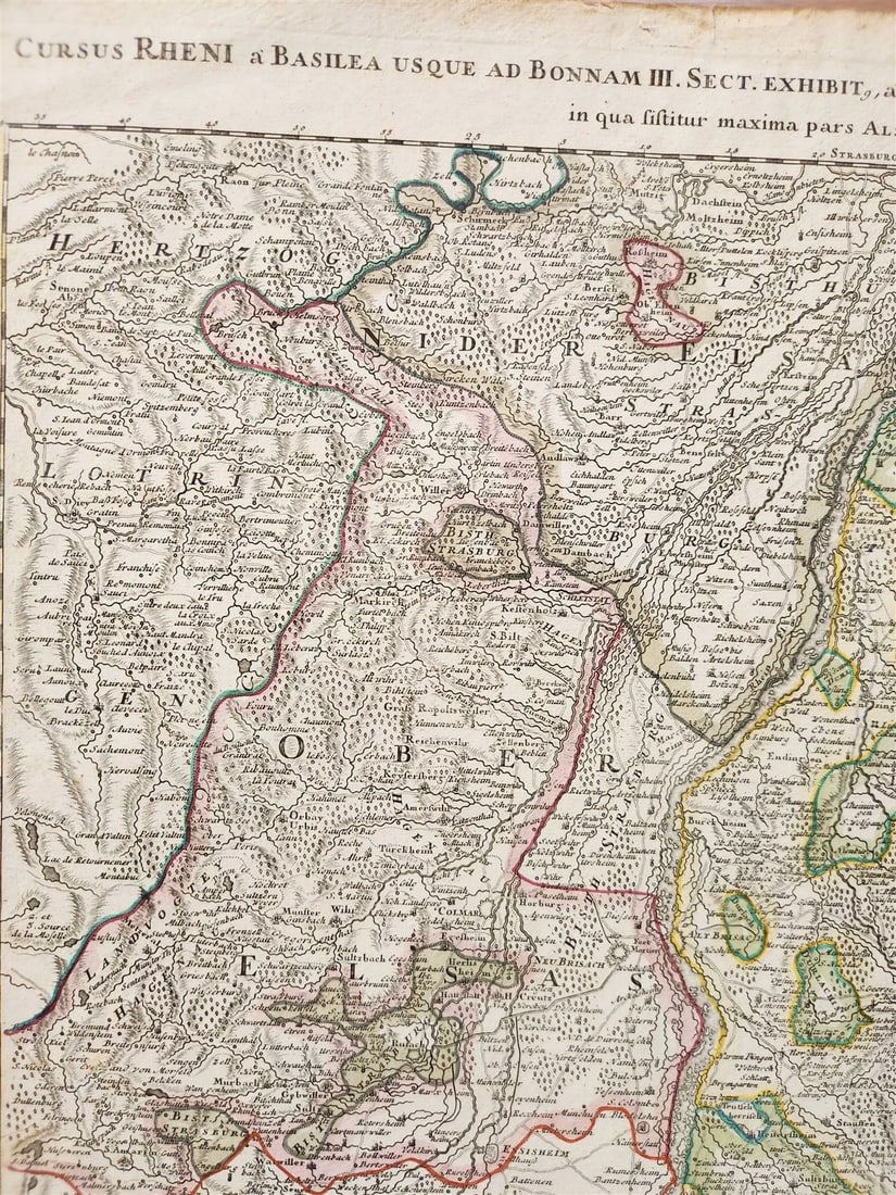 1730s CURSUS RHENI a BASILIAE MAP antique GERMANY SWITZERLAND AUSTRIA - 4