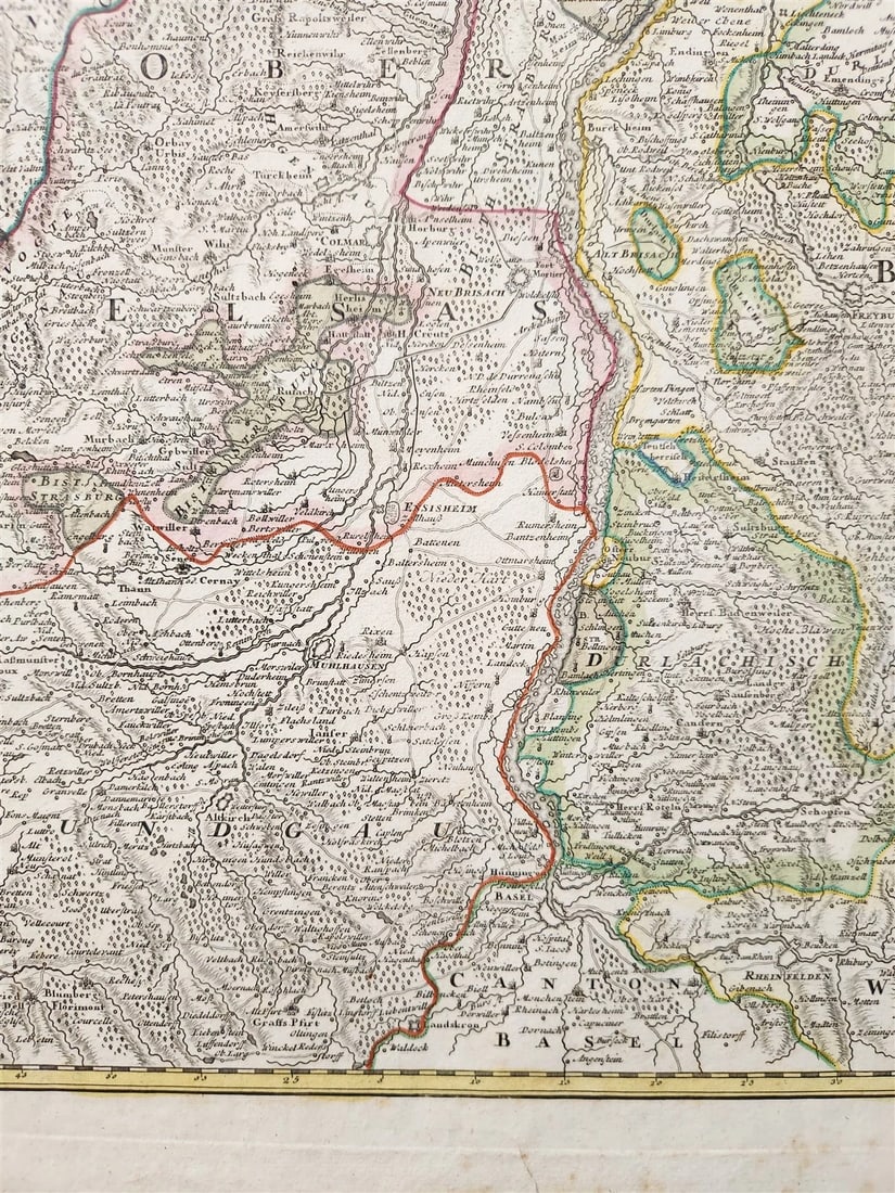 1730s CURSUS RHENI a BASILIAE MAP antique GERMANY SWITZERLAND AUSTRIA - 5