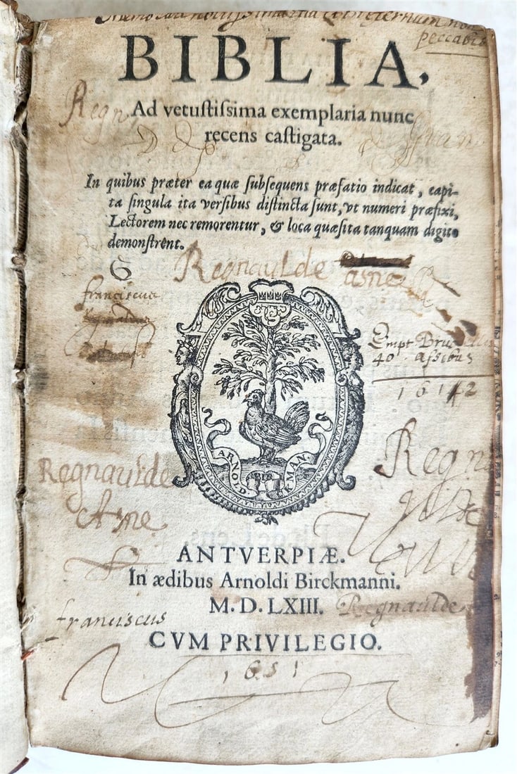 1563 BIBLE in LATIN antique ILLUSTRATED 16th century BIBLIA: Title: 1563 BIBLE in LATIN antique ILLUSTRATED 16th century BIBLIA Description: BIBLIA LATINA Antwerp : Arnold Birckmann; 1563 Illustrated with 58 in-text engravings [8], 529, [27] lvs. ( = 1,128 page
