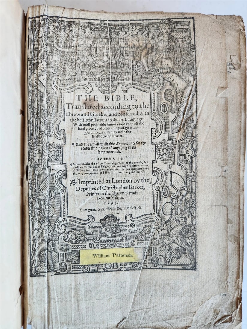 1594 BIBLE in ENGLISH antique Old & New Testament CHRISTOPHER BARKER 16th cent.: Title: 1594 BIBLE in ENGLISH antique Old & New Testament CHRISTOPHER BARKER 16th cent. Description: [BIBLE in ENGLISH] LONDON: CHRISTOPHER BARKER; 1594 General title presents Lacks NT title and few le
