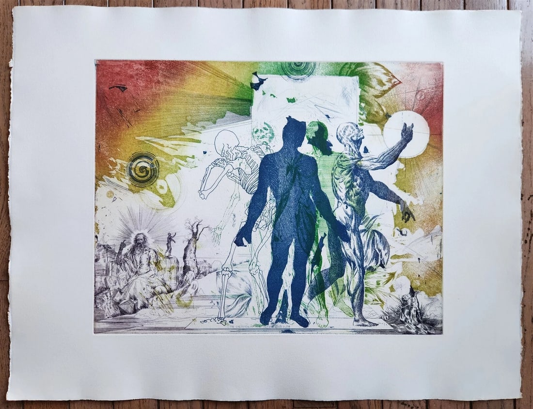 CREATION OF THE HUMAN RACE surreal COLOR PRINT vintage w/ SKELETON: Title: CREATION OF THE HUMAN RACE surreal COLOR PRINT vintage w/ SKELETON Description: Size (overall) 20 by 25 3/4" Excellent condition Powered by SixBit's eCommerce Solution Reserve: $48.30