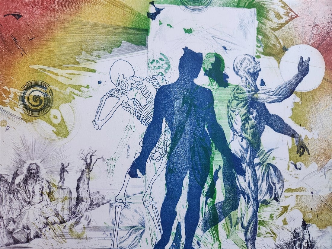 CREATION OF THE HUMAN RACE surreal COLOR PRINT vintage w/ SKELETON - 2