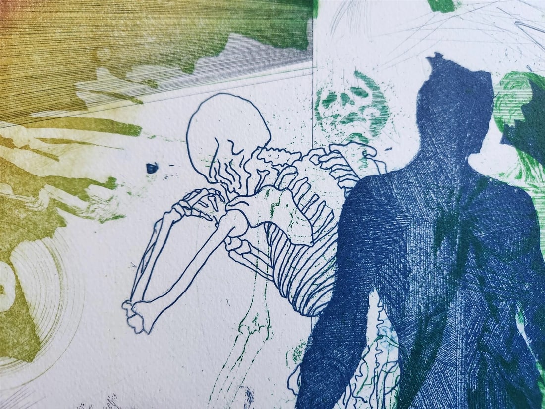 CREATION OF THE HUMAN RACE surreal COLOR PRINT vintage w/ SKELETON - 3