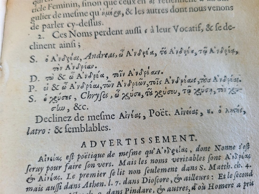1655 GREEK LANGUAGE STUDY BOOK FRENCH TEXTBOOK antique vellum binding RARE - 11
