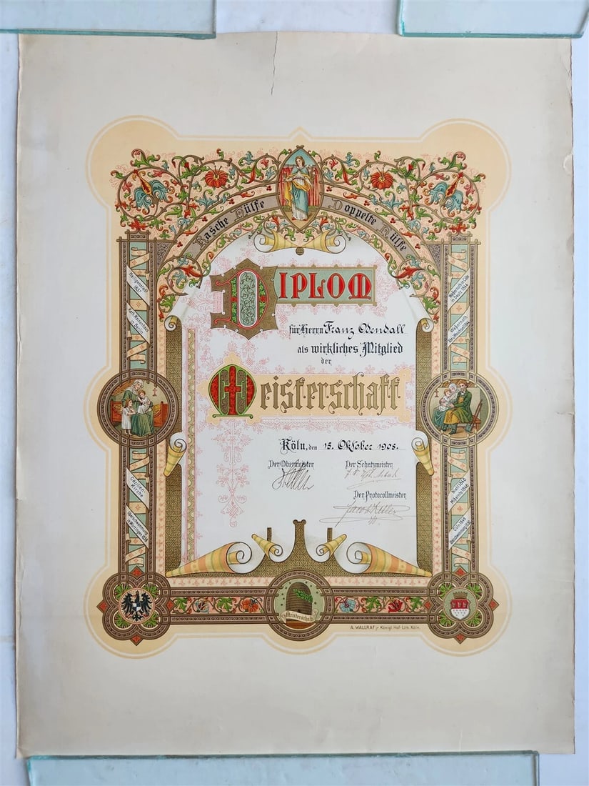 1908 LARGE GERMAN DIPLOMA size 19.5 by 25.5" antique: Title: 1908 LARGE GERMAN DIPLOMA size 19.5 by 25.5" antique Description: Chromolithographed diploma for Franz Odendall by A.Wallraff, Cologne; 1908 Large size: 19.5 by 25.5" Very good condition except