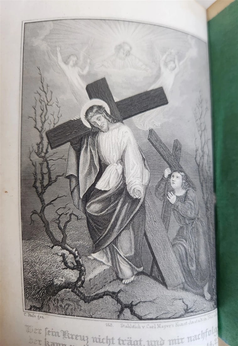 1870s PRAYER BOOK in GERMAN antique APPLIED BONE CROSS BINDING DIE HIMMELSPFORTE - 6