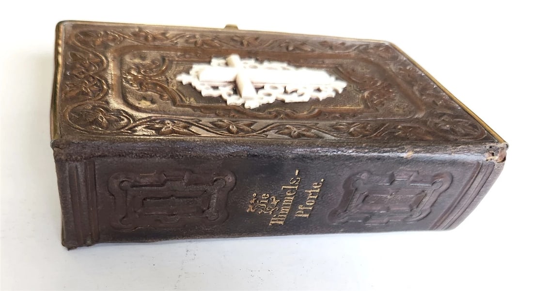 1870s PRAYER BOOK in GERMAN antique APPLIED BONE CROSS BINDING DIE HIMMELSPFORTE - 8