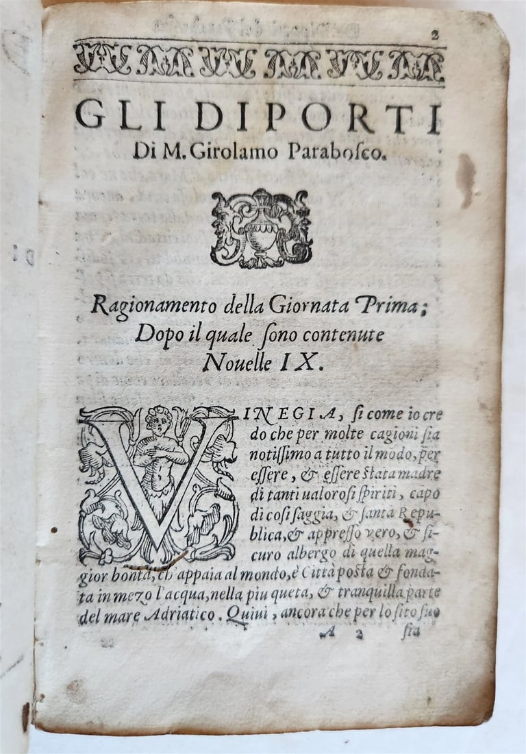 1586 GLI DIPORTI by Girolamo Parabosco antique 16th CENTURY VELLUM BOUND ITALIAN - 5
