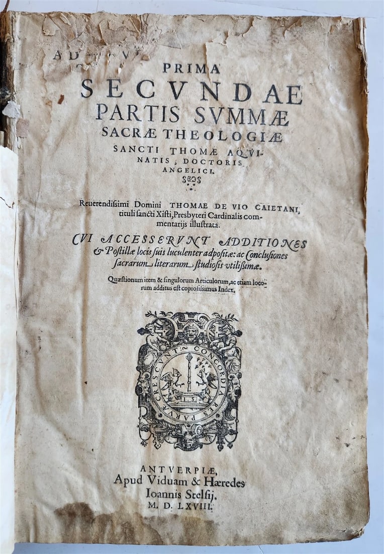 1568 THEOLOGY by THOMAE AQUINATIS antique VELLUM BOUND FOLIO: Title: 1568 THEOLOGY by THOMAE AQUINATIS antique VELLUM BOUND FOLIO Description: VIO CAIETANI, THOMAE DE:. PREMIUM SECUNDAE PARTIS SUMMAE SACRAE THEOLOGY SANCTI, THOMAE AQUINATIS, DOCTORIS ANGELICI. A