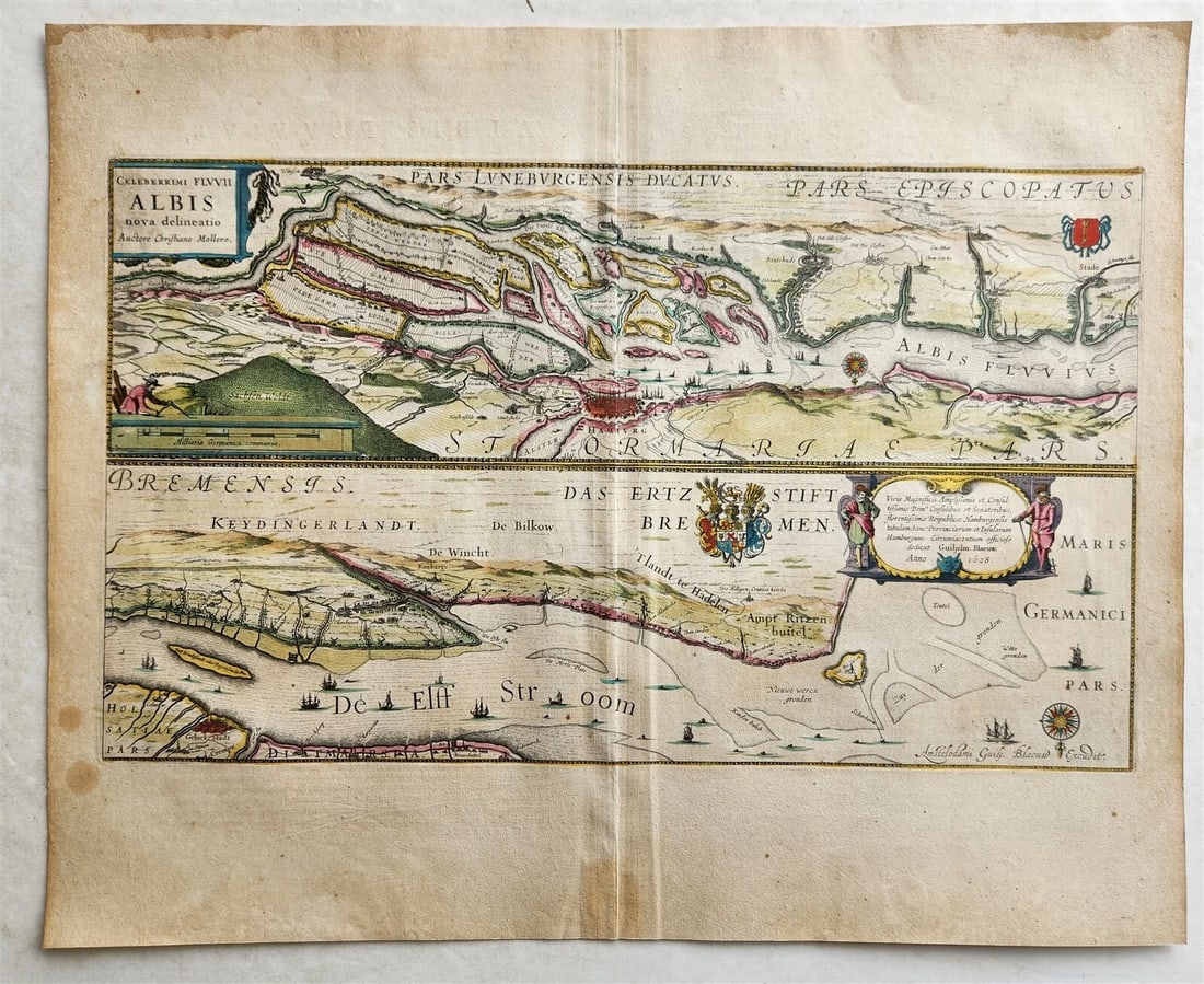 1640 MAP of GERMANY ELBE RIVER by WILLEM BLAEU antique AUTHENTIC hand colored (1 of 4)