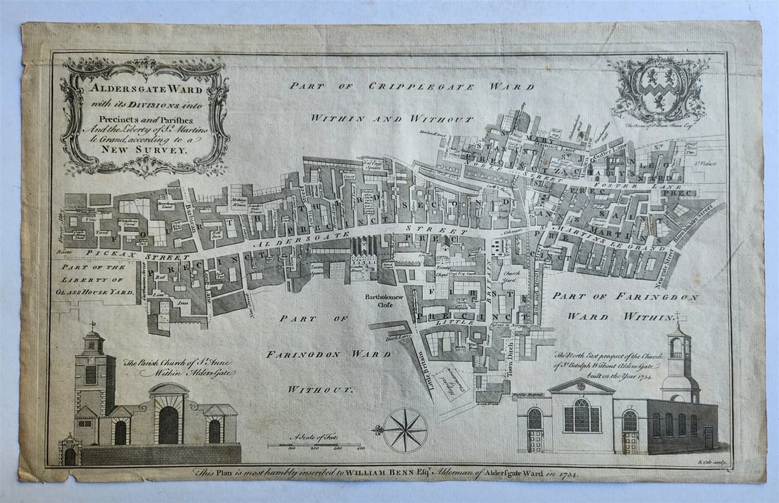 1754 MAP of LONDON antique ALDERSGATE WARD: Title: 1754 MAP of LONDON antique ALDERSGATE WARD Description: ALDERSGATE WARD with its divisions into precincts and parishes [London; 1754] Copper engraving Size (including margins): 10 by 16 inches 