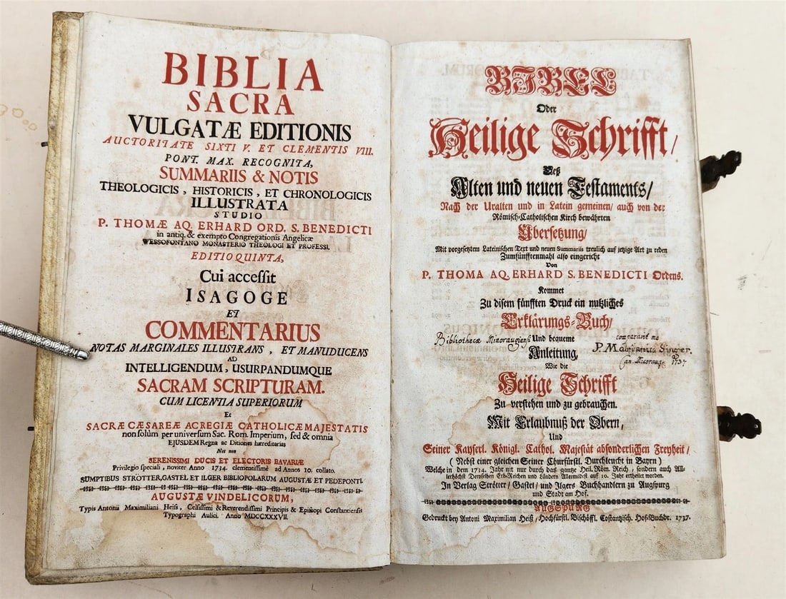 1737 BIBLE in LATIN & GERMAN antique PIGSKIN BOUND FOLIO - 4