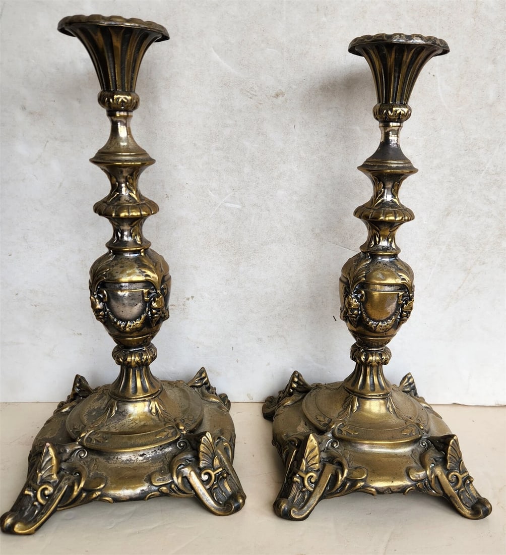 19th century RUSSIAN or POLISH PAIR of SABBATH CANDLESTICKS antique RARE Judaica: Title: 19th century RUSSIAN or POLISH PAIR of SABBATH CANDLESTICKS antique RARE Judaica Description: Height 14.5" Size of the base 7.5 by 7.5" Some wear of the plating Rare ===== Please see my other a