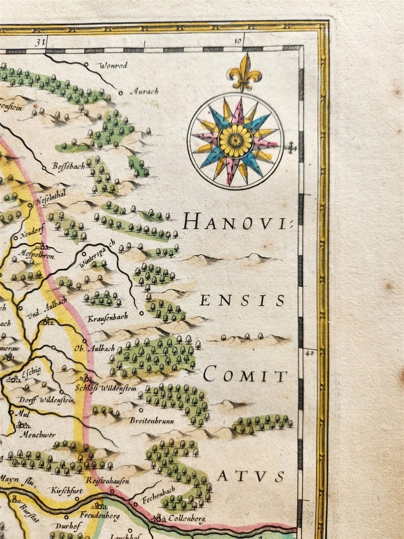 1640 MAP of GERMANY ERBACH by WILLEM BLAEU antique AUTHENTIC hand colored - 5
