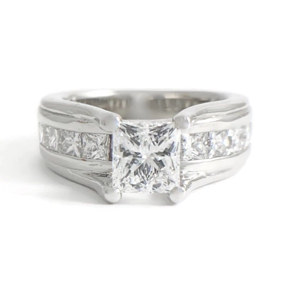GIA Princess Cathedral Diamond Engagement Ring Wide Band 14K White Gold 2.22 CTW: GIA Princess Cathedral Diamond Engagement Ring Wide Band 14K White Gold 2.22 CTW This is a gorgeous diamond engagement ring! Please let us know if you have any questions! Diamonds: 2.22 ctw; 1