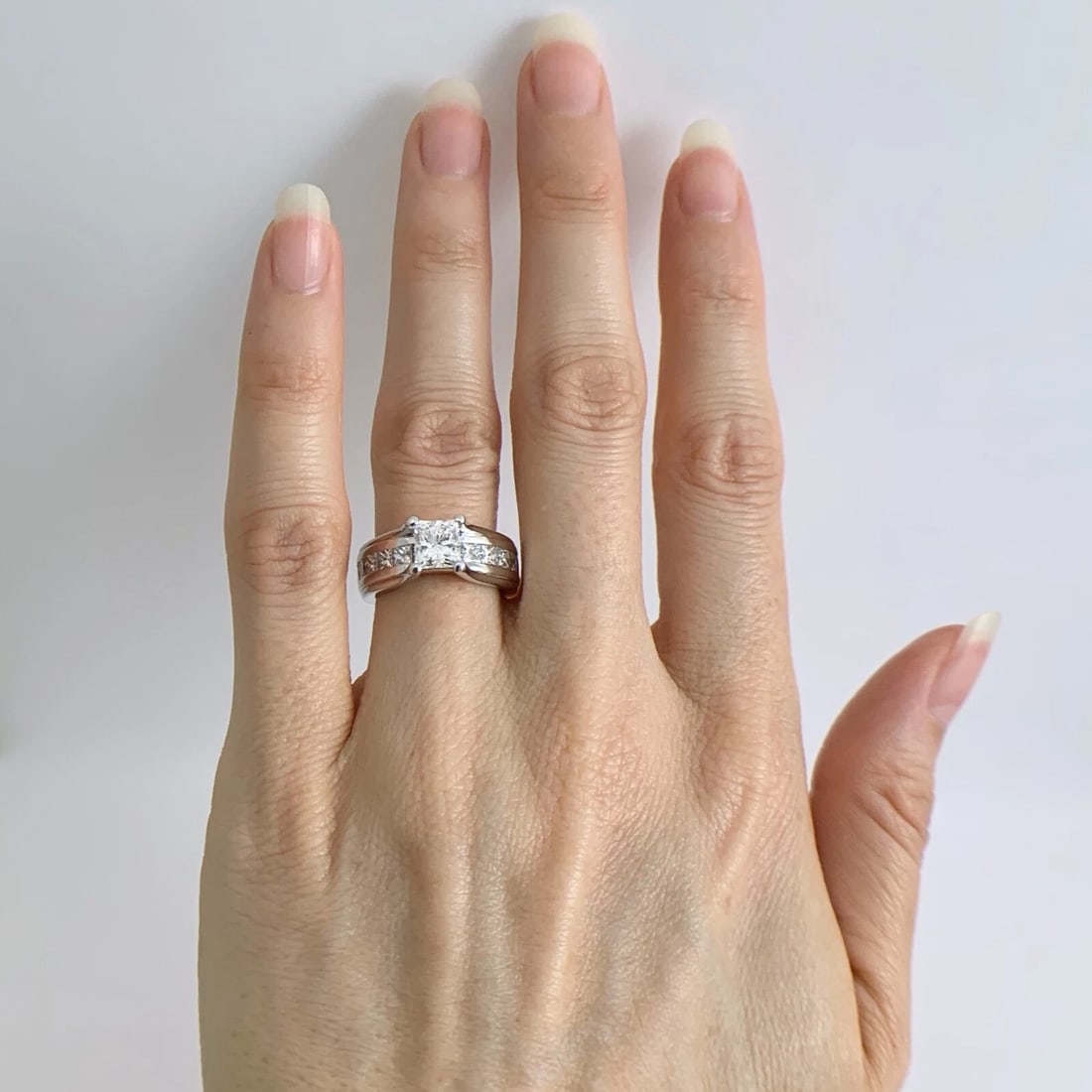 GIA Princess Cathedral Diamond Engagement Ring Wide Band 14K White Gold 2.22 CTW - 3