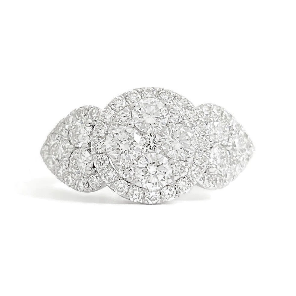 Pave Diamond Round Halo Cluster Engagement Ring 18K White Gold, 1.62 CTW: Pave Diamond Round Halo Cluster Engagement Ring 18K White Gold, 1.62 CTW This is a beautiful diamond engagement ring! Please let us know if you have any questions. Diamonds: 61 round brilliant cuts 1.