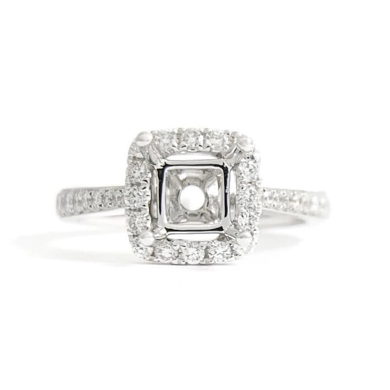 Cushion Halo Diamond Engagement Ring Setting Mounting 18K White Gold .50 CTW: Cushion Halo Diamond Engagement Ring Setting Mounting 18K White Gold .50 CTW This is a beautiful diamond engagement ring mounting ready to house a diamond or gemstone of your choice. Don't hesitate