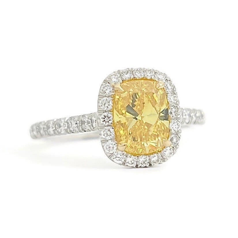 GIA Fancy Vivid Yellow Cushion Halo Diamond Engagement Ring Platinum, 1.55 CTW: GIA Fancy Vivid Yellow Cushion Halo Diamond Engagement Ring Platinum, 1.55 CTW This is a gorgeous diamond engagement ring! Please let us know if you have any questions! Diamonds: 1.55 ctw; 1 cushion 1
