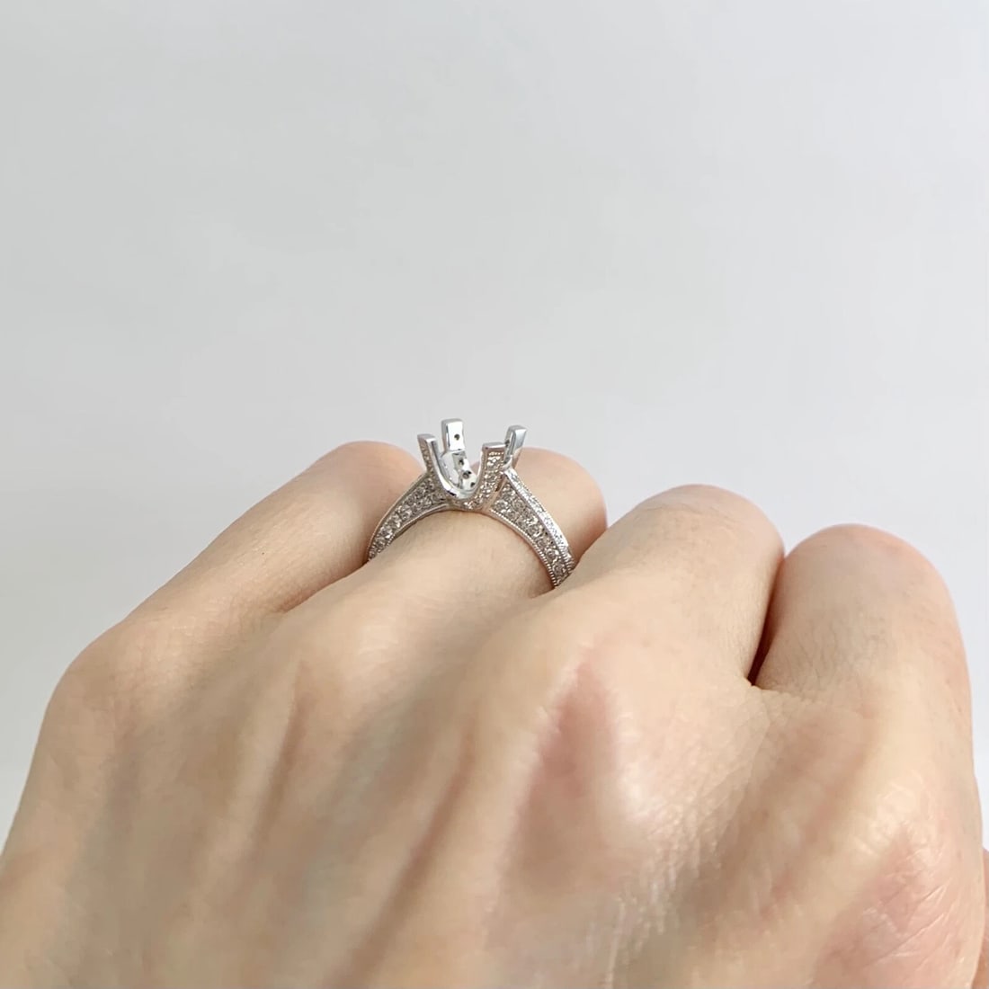 Pave Diamond Prong Engagement Ring Setting Mounting 18K White Gold 1.05 CTW - 4