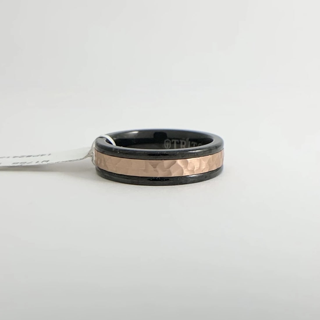 Men's Hammered 14K Rose Gold Black Tungsten Wedding Band Ring, Size 10, 6 mm - 8