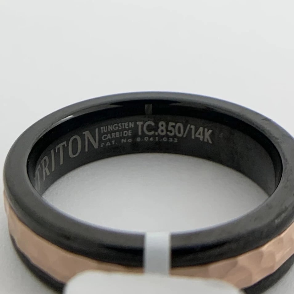 Men's Hammered 14K Rose Gold Black Tungsten Wedding Band Ring, Size 10, 6 mm - 9