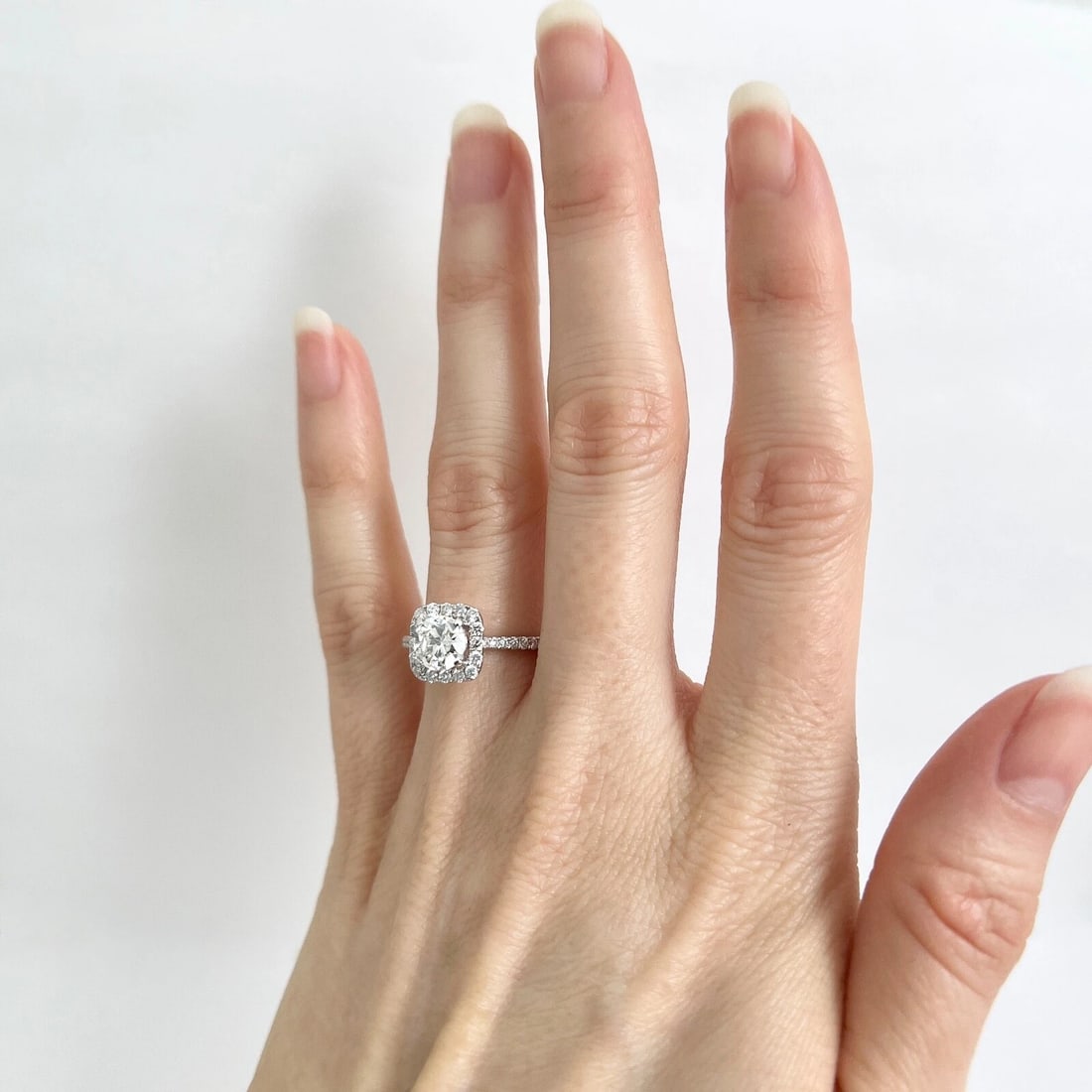Cushion Halo Round Diamond Engagement Ring 18K White Gold, 1.31 CTW - 2