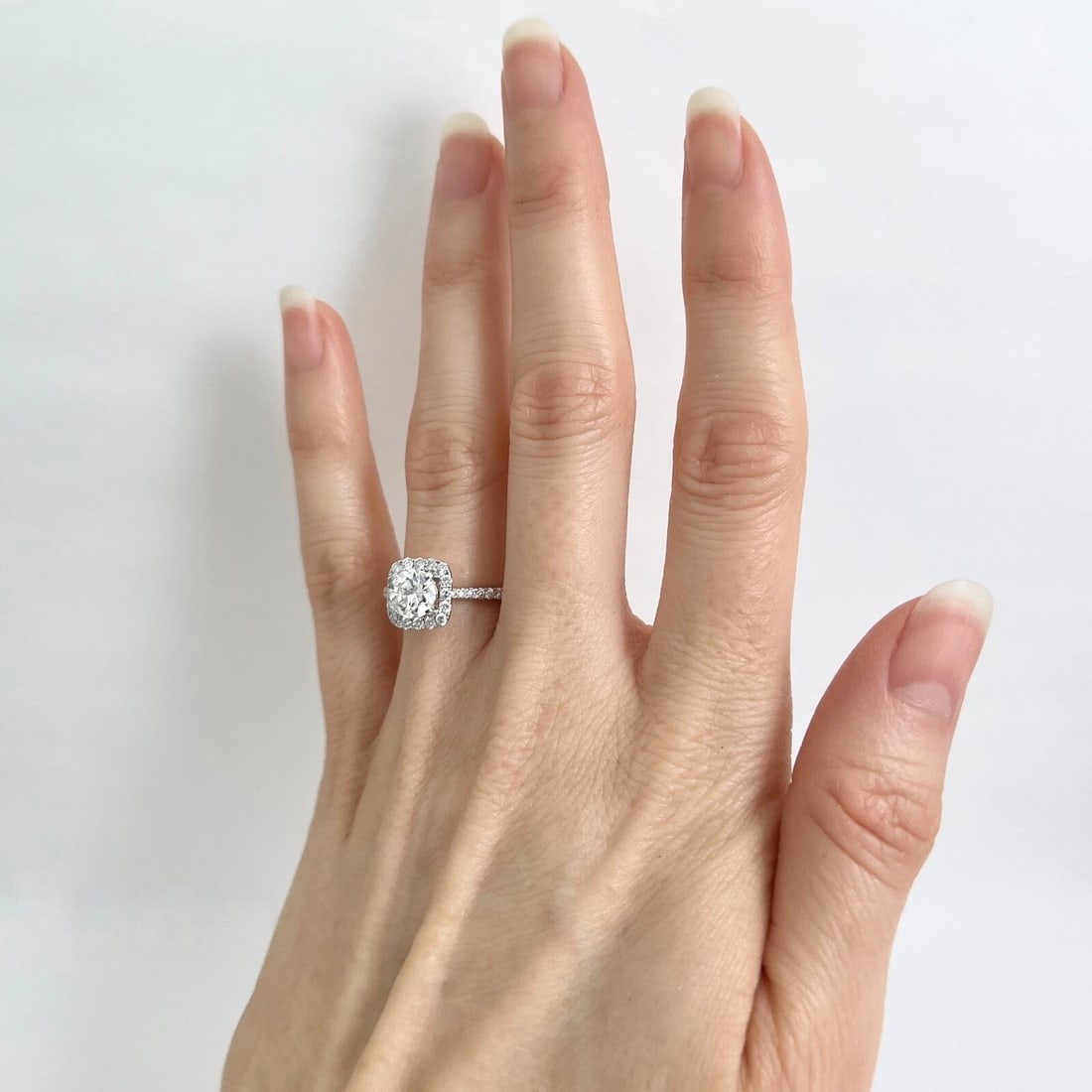 Cushion Halo Round Diamond Engagement Ring 18K White Gold, 1.31 CTW - 3
