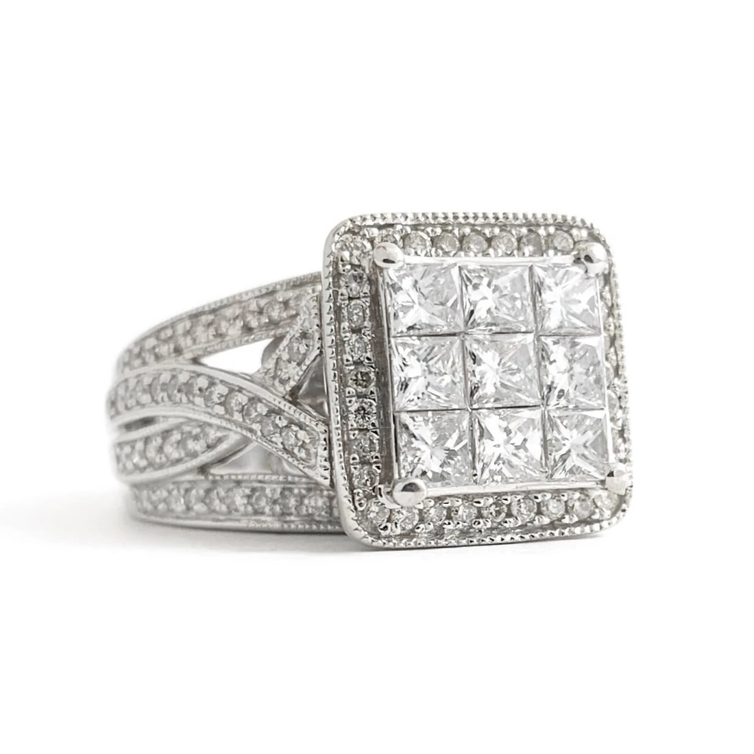 Princess Cut Invisible Set Diamond Halo Engagement Ring 14K White Gold, 1.15 CTW: Princess Cut Invisible Set Diamond Halo Engagement Ring 14K White Gold, 1.15 CTW This lovely diamond engagement ring is sure to make her smile! Don't hesitate to ask any questions! Certificate: IGI
