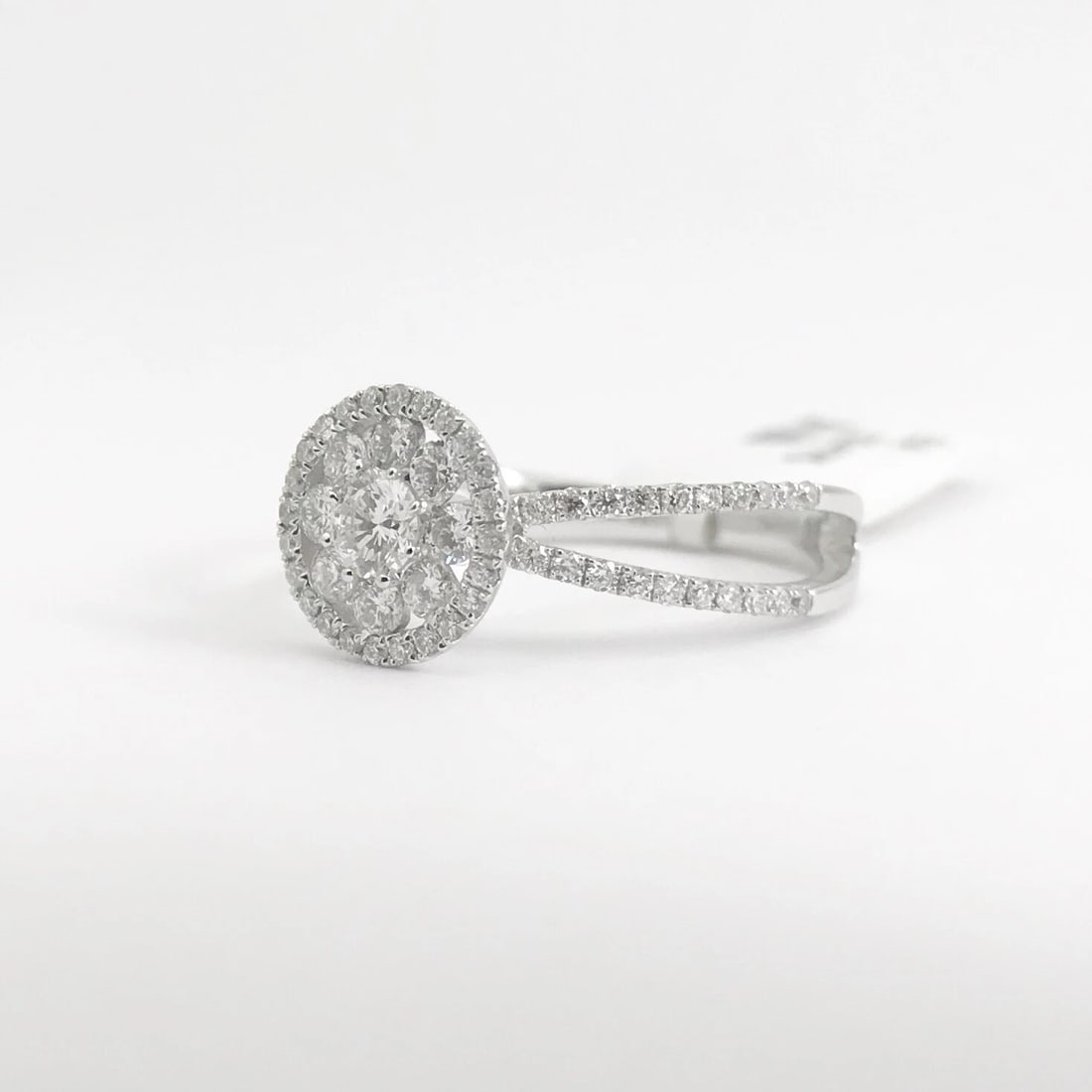 Flower Cluster Split Shank Halo Diamond Engagement Ring 18K White Gold .90 CTW - 6