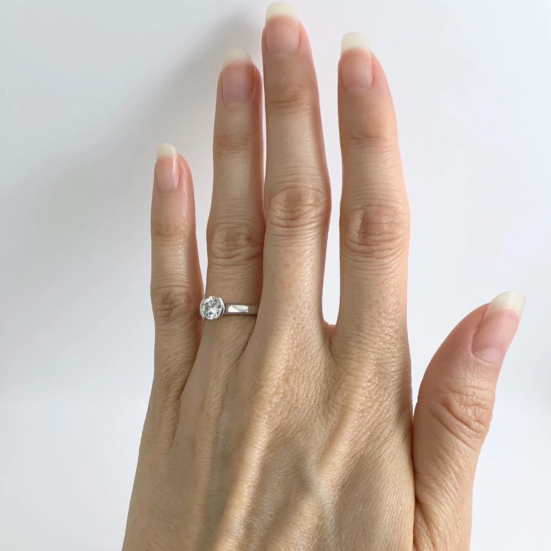 Round Half Bezel Solitaire Diamond Engagement Ring 14K White Gold .61 CT - 3