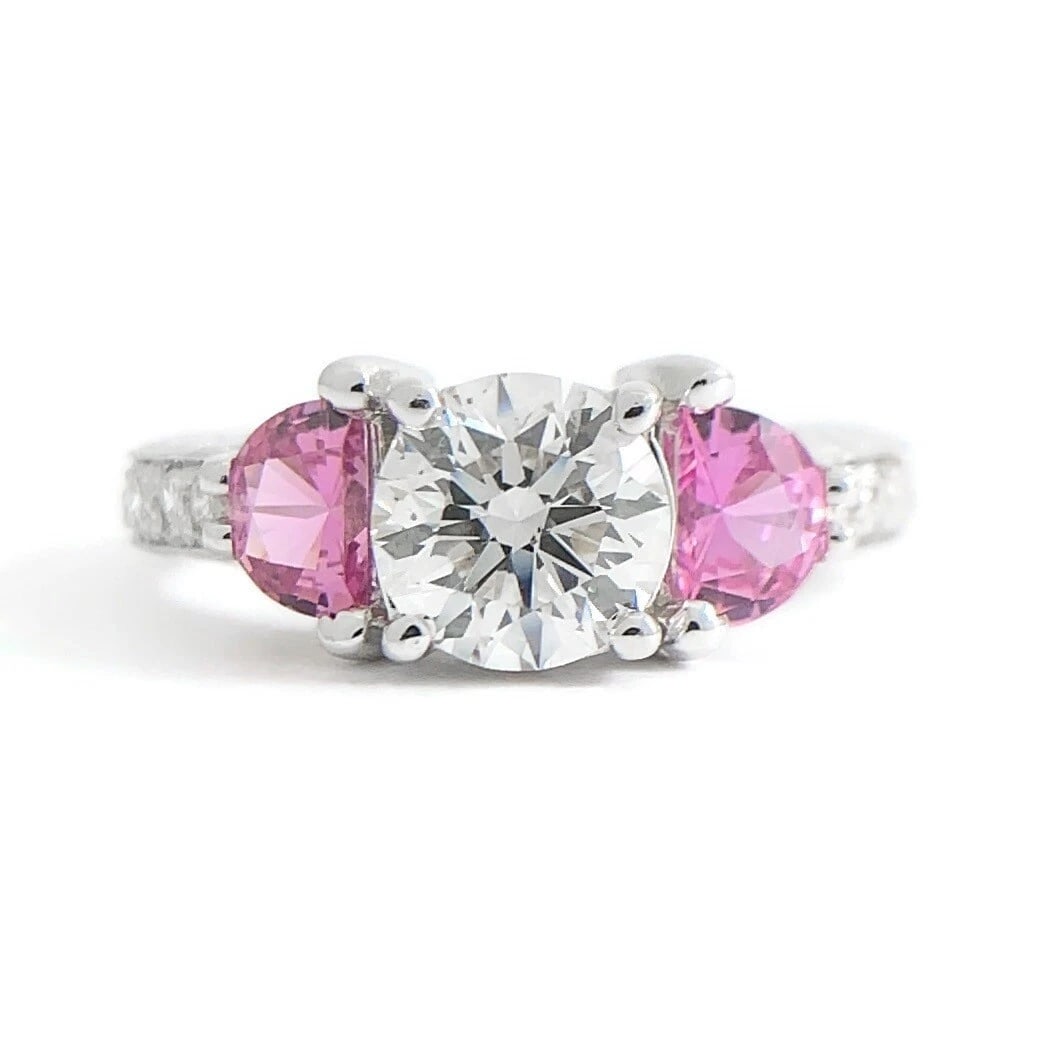 3-Stone Half Moon Pink Sapphire Diamond Engagement Ring 18K White Gold 2.18 CTW: 3-Stone Half Moon Pink Sapphire Diamond Engagement Ring 18K White Gold 2.18 CTW This is a gorgeous diamond engagement ring! Please let us know if you have any questions! Gemstones: 2 half moon pink sa