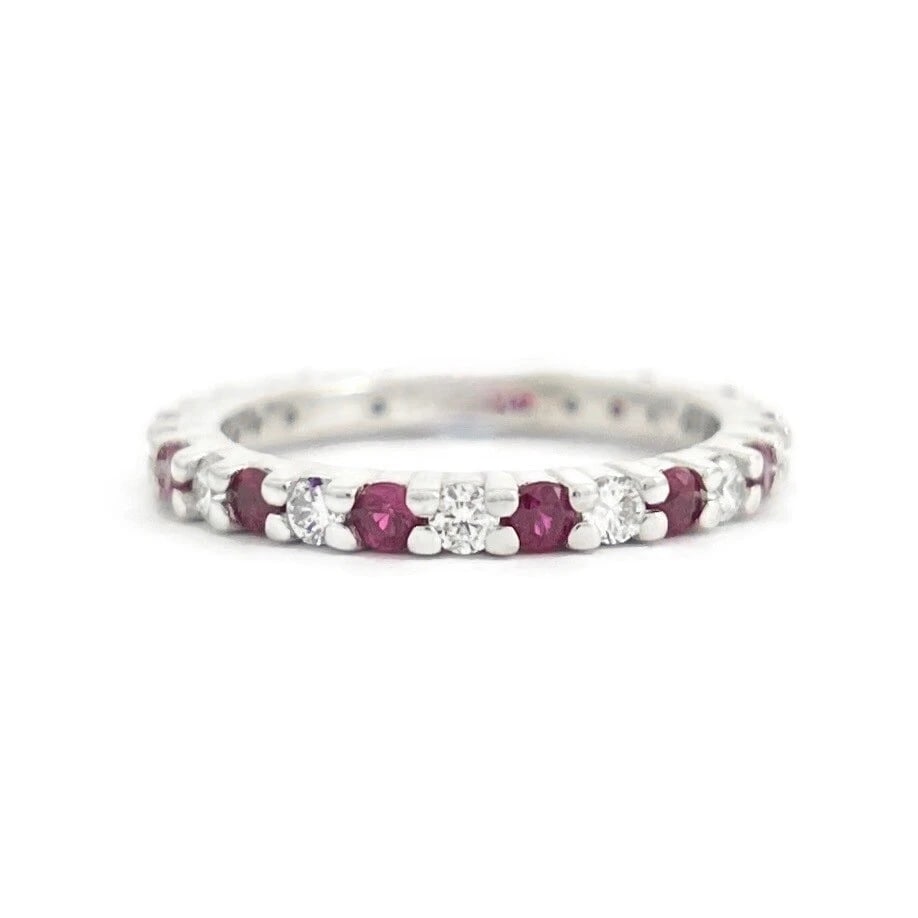 Round Ruby Diamond Gemstone Eternity Ring Wedding Band 18K White Gold .91 CTW: Round Ruby Diamond Gemstone Eternity Ring Wedding Band 18K White Gold .91 CTW This is a lovely ring that can be worn as a wedding band, anniversary ring or statement ring. Don't hesitate to ask any qu