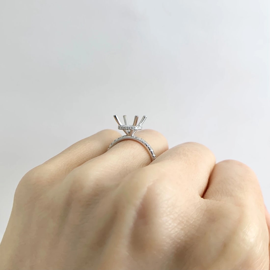 Thin Diamond Band Hidden Halo Engagement Ring Setting Mounting 14K White Gold - 3