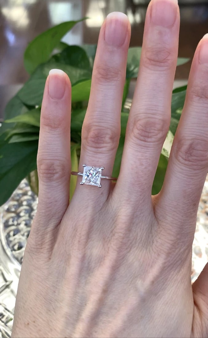 Princess Solitaire Diamond Engagement Ring Thin Band 14K White Gold, 2.01 CT - 7